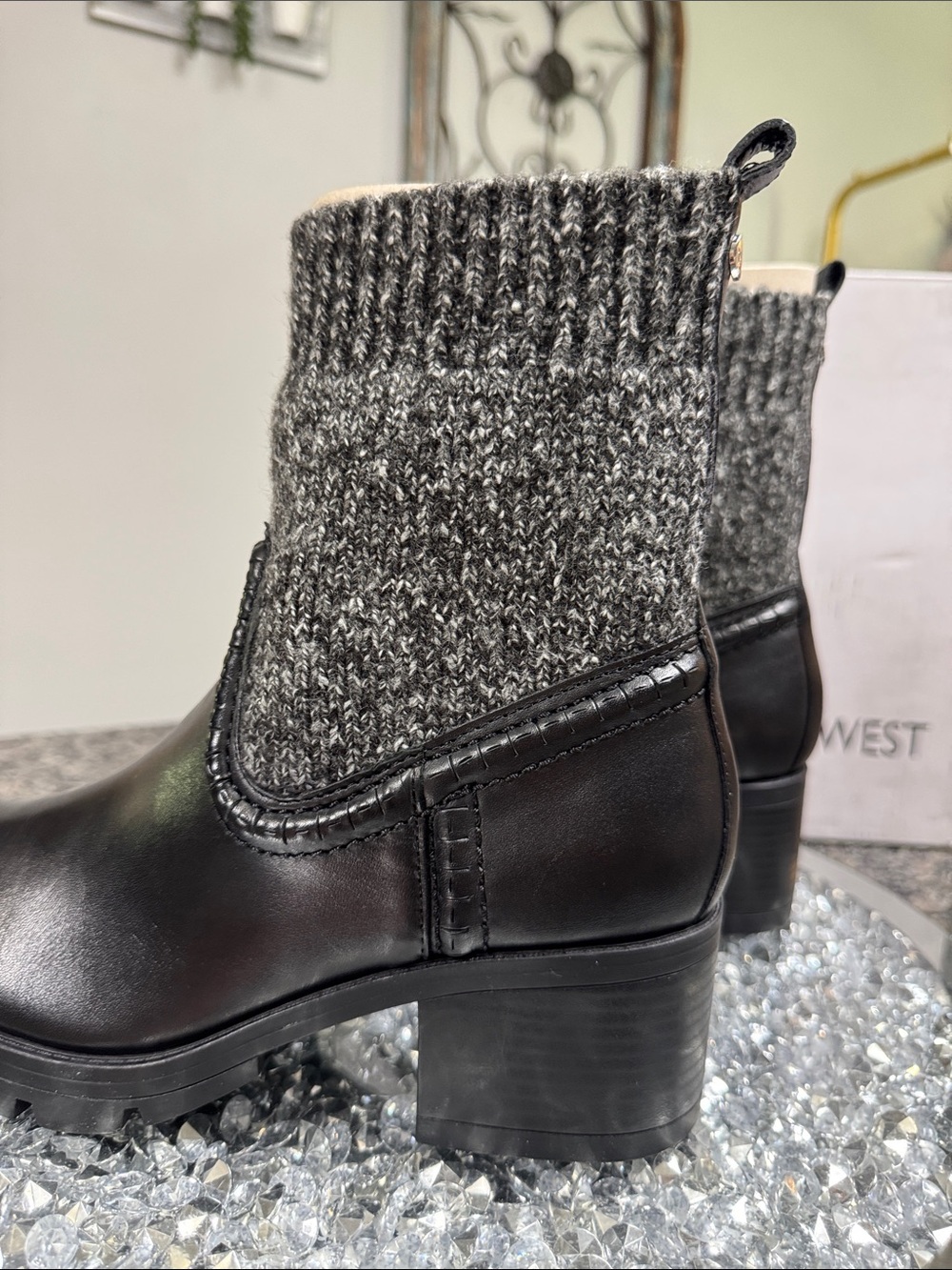 Nine West Black leather Ankle Boots with Gray Knit Cuff NWT 8.5 - Picture 6 of 13